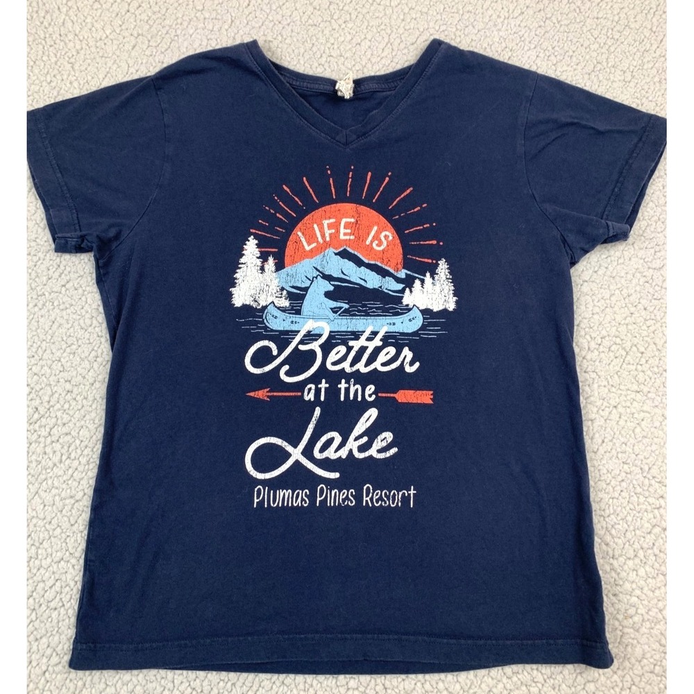 Life Is Better at the Lake Graphic Tee Womens‎ Large Navy Canoe Outdoor Shirt